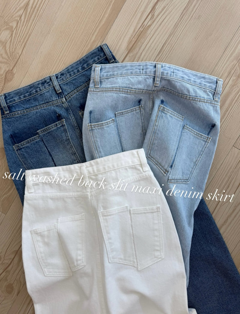 Inssense - Korean Women Fashion - #womensfashion - Salt Washed Back Slit Maxi Denim Skirt