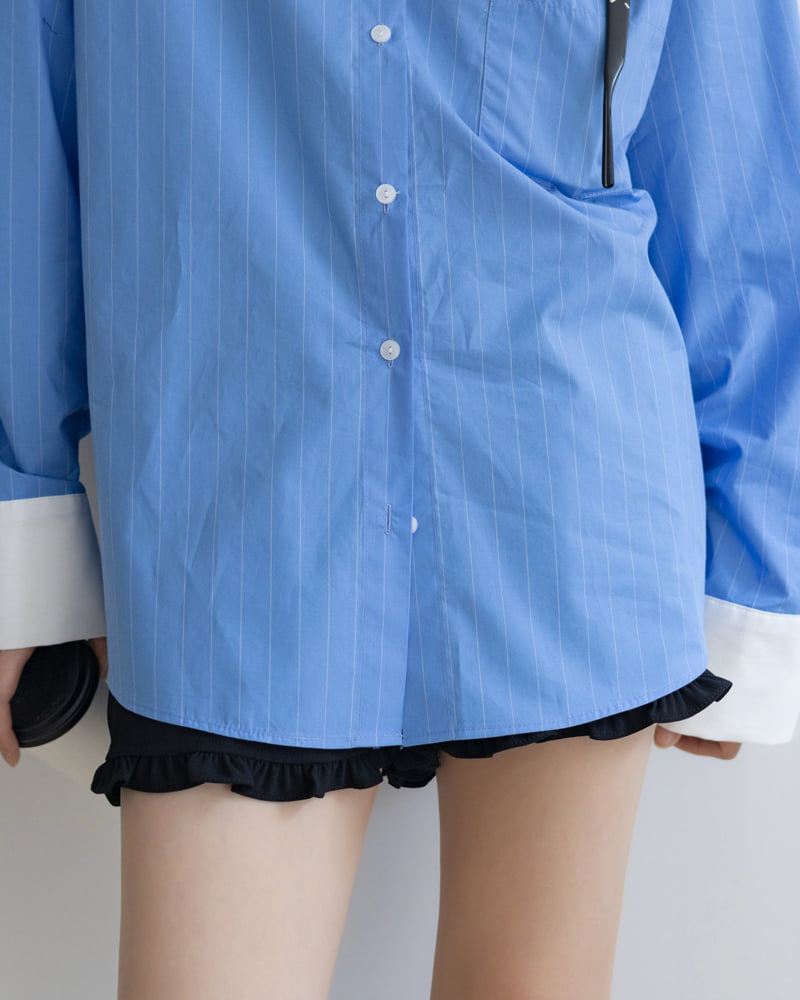 Inssense - Korean Women Fashion - #womensfashion - Oversized White Contrast Striped Shirt - 10