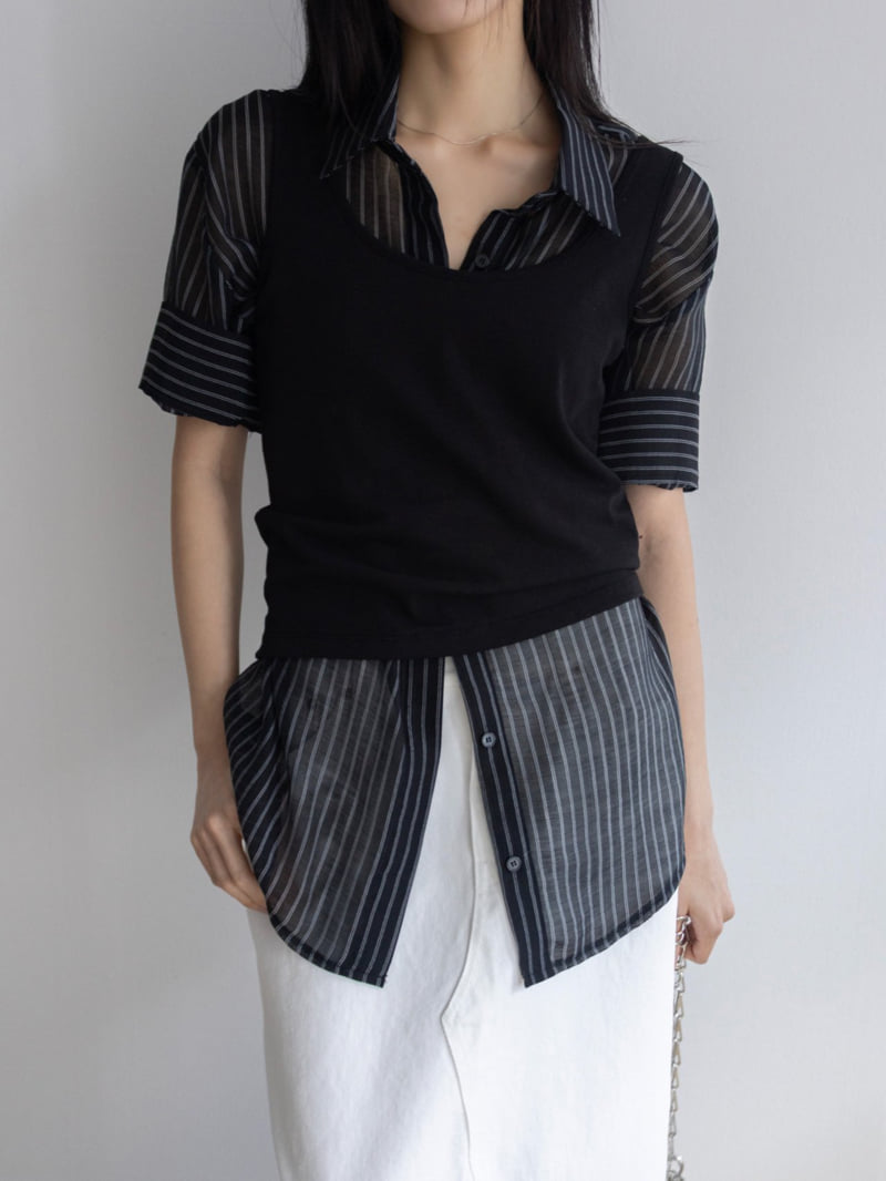 Inssense - Korean Women Fashion - #momslook - Oversized Cupra Stripe Short-Sleeved Shirt - 4