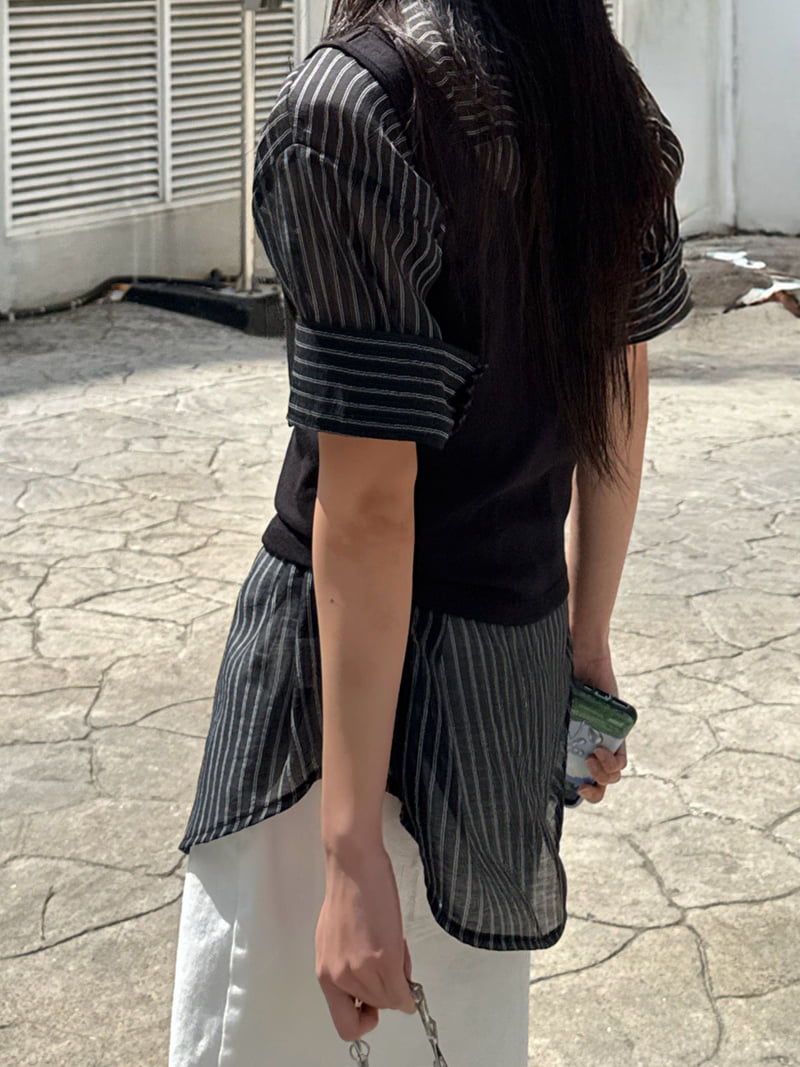 Inssense - Korean Women Fashion - #womensfashion - Oversized Cupra Stripe Short-Sleeved Shirt - 6