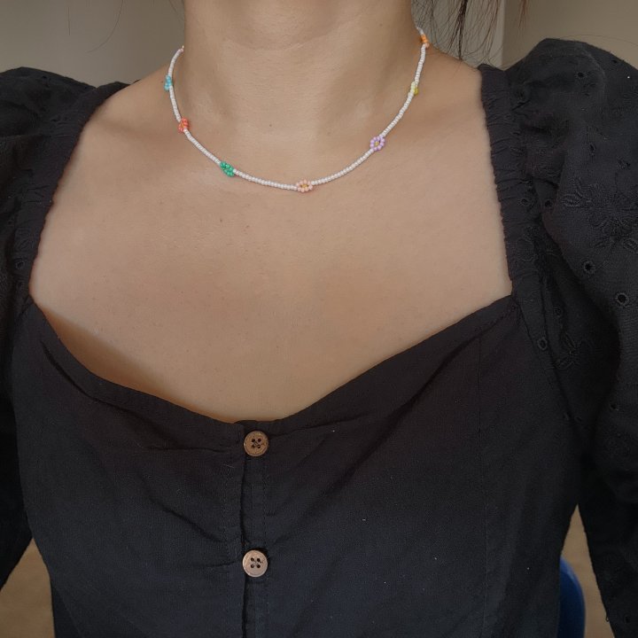 Newerly - Korean Women Fashion - #momslook - Surgical Steel Beaded Flower Necklace - 7