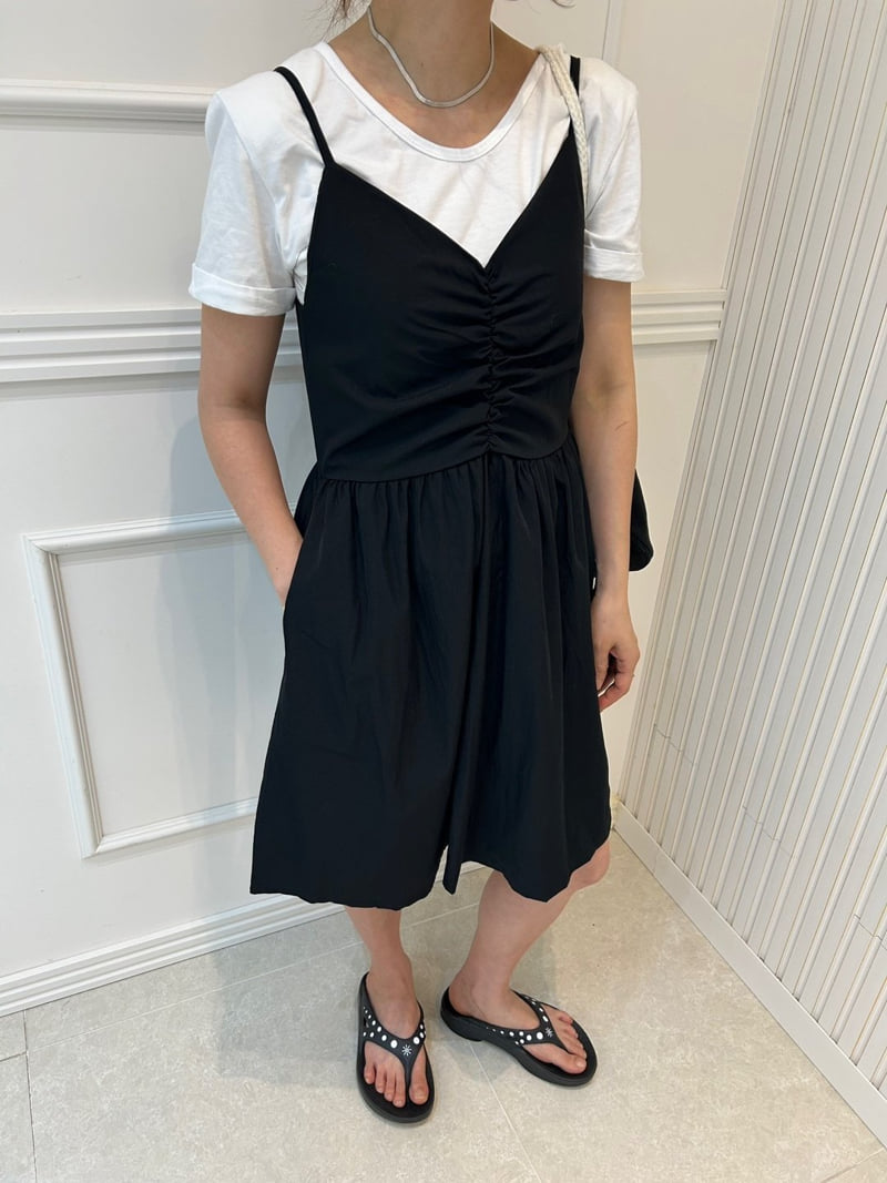 Pearls room - Korean Women Fashion - #momslook - Shirring Sleeveless One-piece - 12