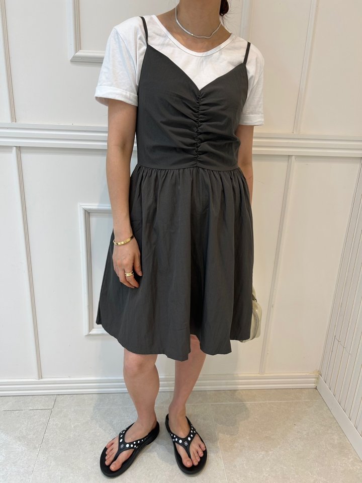 Pearls room - Korean Women Fashion - #momslook - Shirring Sleeveless One-piece - 8