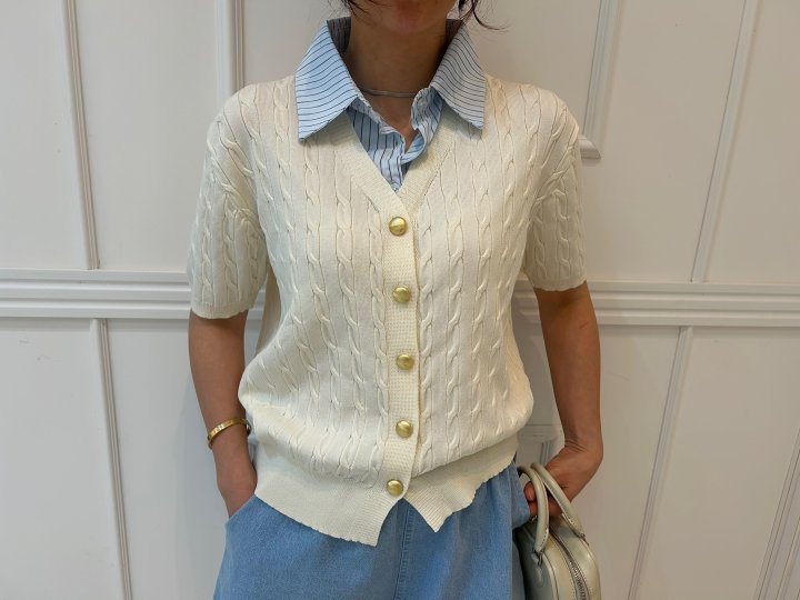 Pearls room - Korean Women Fashion - #momslook - Stripe Short Sleeve Knit - 11