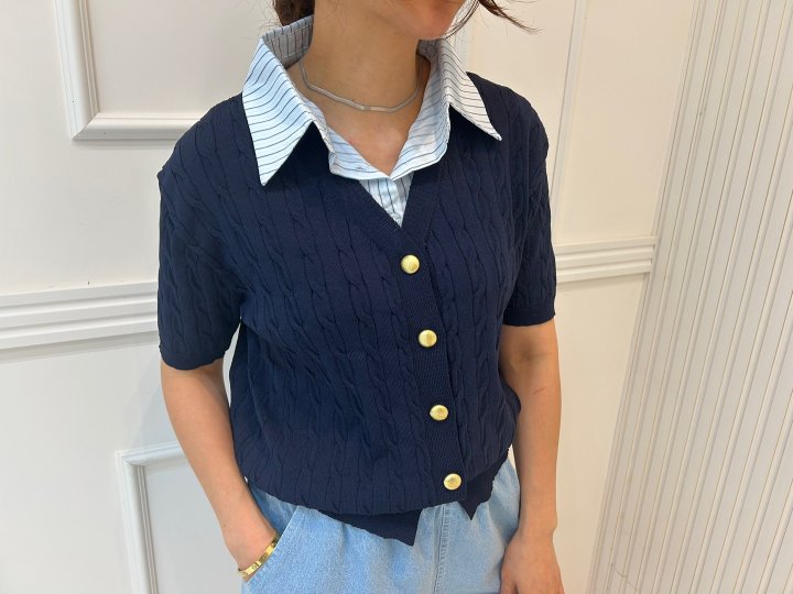 Pearls room - Korean Women Fashion - #momslook - Stripe Short Sleeve Knit - 5