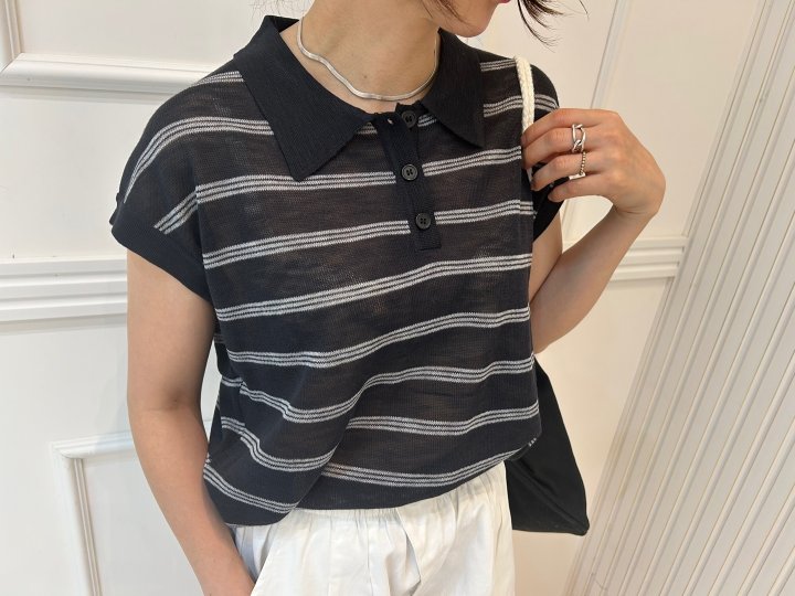 Pearls room - Korean Women Fashion - #momslook - Stripe Collar Back Ribbon Short Sleeve Knit - 10
