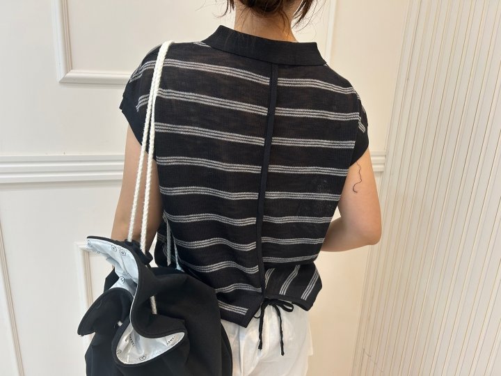 Pearls room - Korean Women Fashion - #momslook - Stripe Collar Back Ribbon Short Sleeve Knit - 12