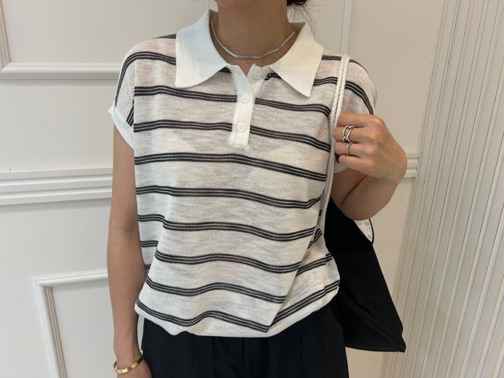 Pearls room - Korean Women Fashion - #momslook - Stripe Collar Back Ribbon Short Sleeve Knit - 2