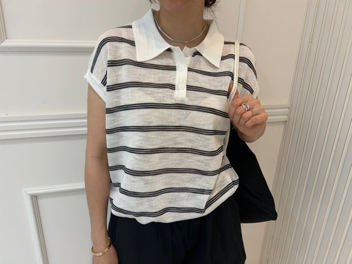 Pearls room - Korean Women Fashion - #womensfashion - Stripe Collar Back Ribbon Short Sleeve Knit - 4