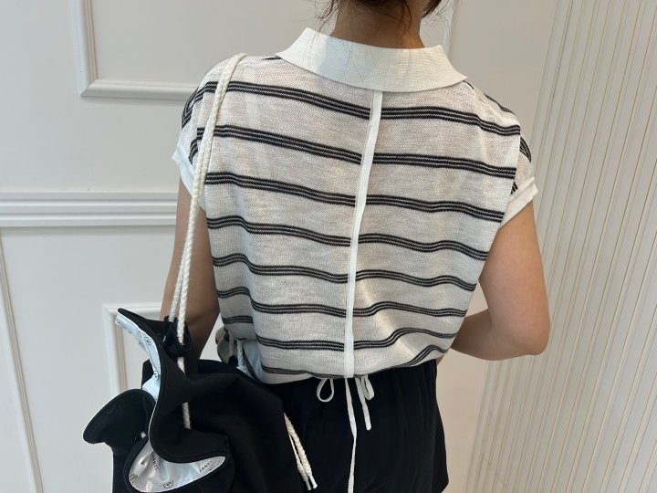 Pearls room - Korean Women Fashion - #momslook - Stripe Collar Back Ribbon Short Sleeve Knit - 6