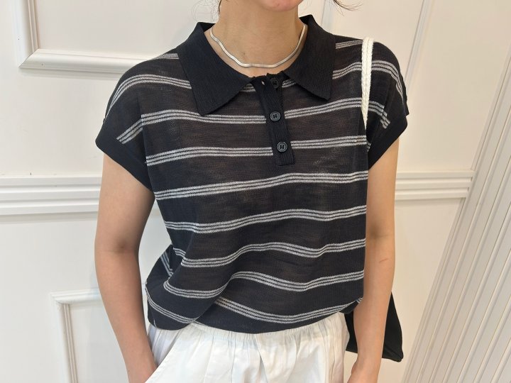 Pearls room - Korean Women Fashion - #momslook - Stripe Collar Back Ribbon Short Sleeve Knit - 8