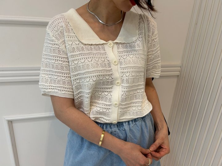 Pearls room - Korean Women Fashion - #momslook - Wave Lace Short Sleeve Knit - 11