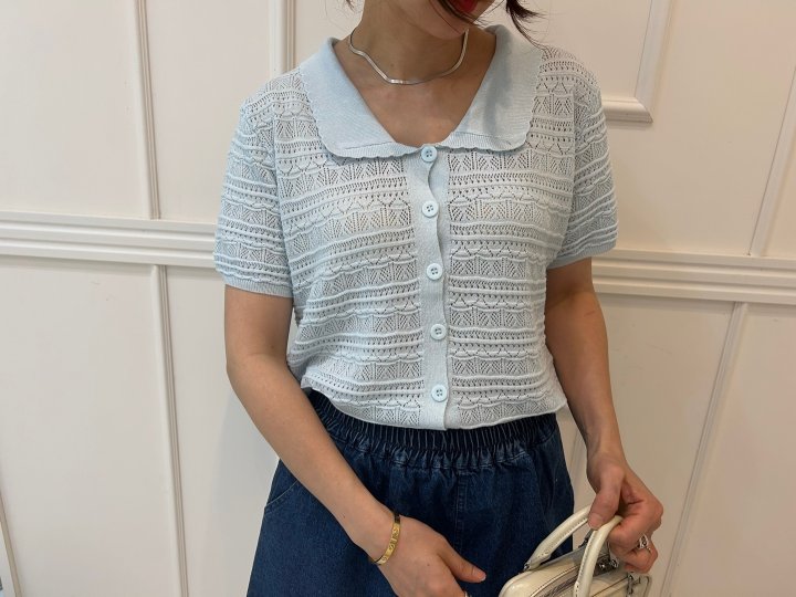 Pearls room - Korean Women Fashion - #momslook - Wave Lace Short Sleeve Knit - 3