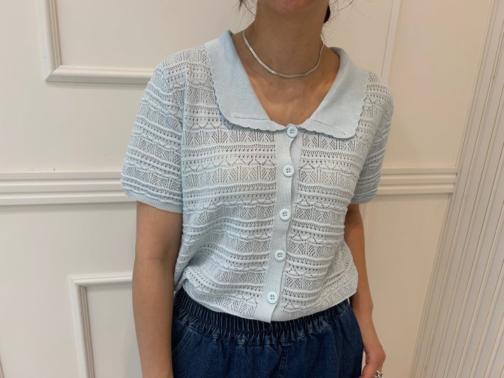 Pearls room - Korean Women Fashion - #momslook - Wave Lace Short Sleeve Knit - 5