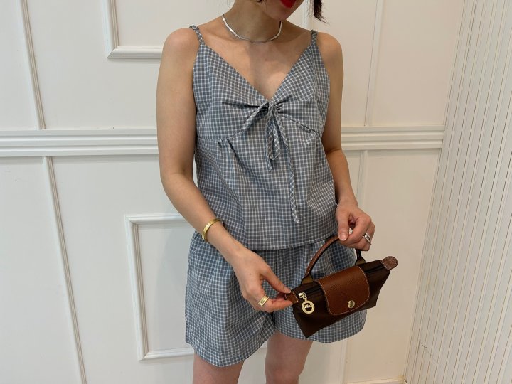 Pearls room - Korean Women Fashion - #momslook - Check Sleeveless Shorts Set - 3