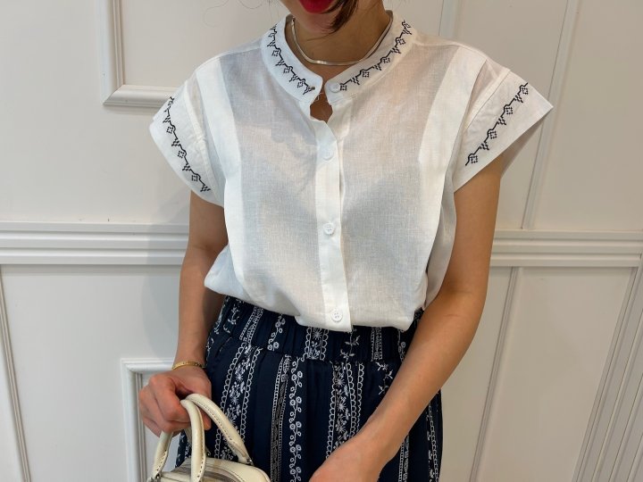Pearls room - Korean Women Fashion - #momslook - Embroidered Pintuck Blouse - 3