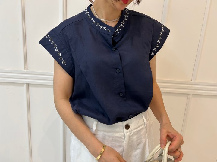 Pearls room - Korean Women Fashion - #momslook - Embroidered Pintuck Blouse - 7