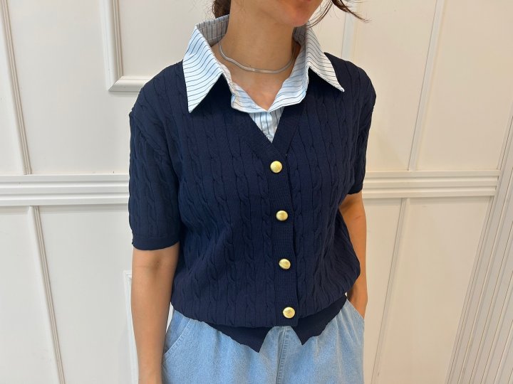 Pearls room - Korean Women Fashion - #womensfashion - Stripe Short Sleeve Knit - 2