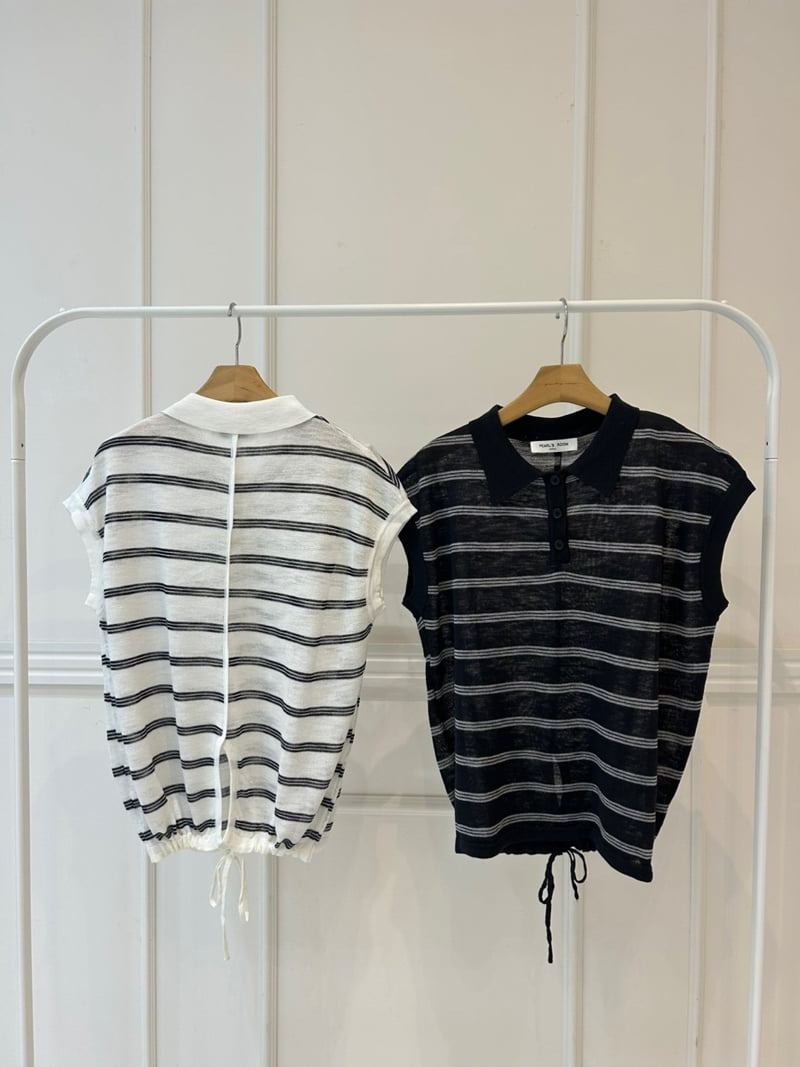 Pearls room - Korean Women Fashion - #womensfashion - Stripe Collar Back Ribbon Short Sleeve Knit