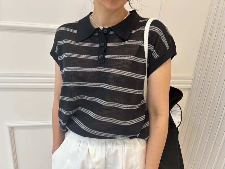 Pearls room - Korean Women Fashion - #womensfashion - Stripe Collar Back Ribbon Short Sleeve Knit - 11