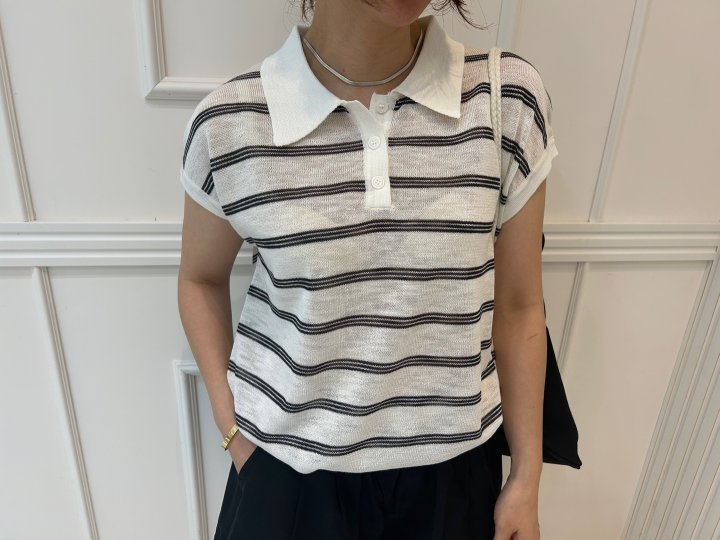 Pearls room - Korean Women Fashion - #womensfashion - Stripe Collar Back Ribbon Short Sleeve Knit - 3