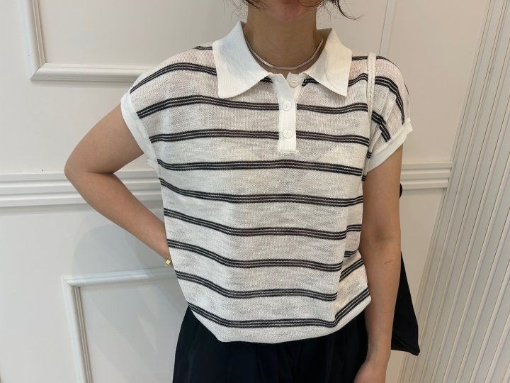 Pearls room - Korean Women Fashion - #womensfashion - Stripe Collar Back Ribbon Short Sleeve Knit - 5