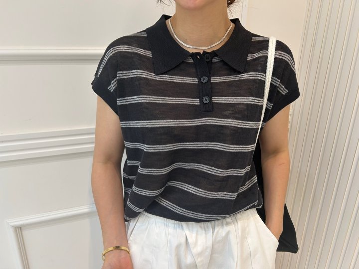 Pearls room - Korean Women Fashion - #womensfashion - Stripe Collar Back Ribbon Short Sleeve Knit - 7
