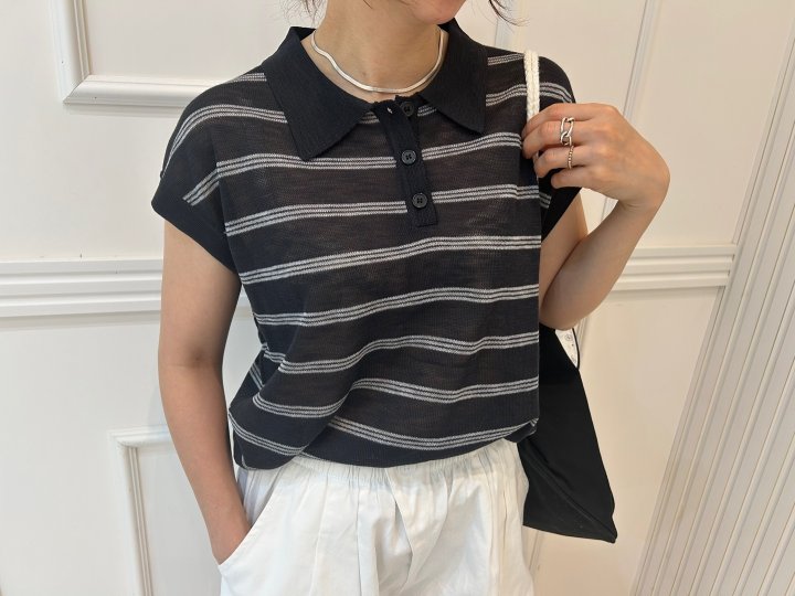 Pearls room - Korean Women Fashion - #womensfashion - Stripe Collar Back Ribbon Short Sleeve Knit - 9