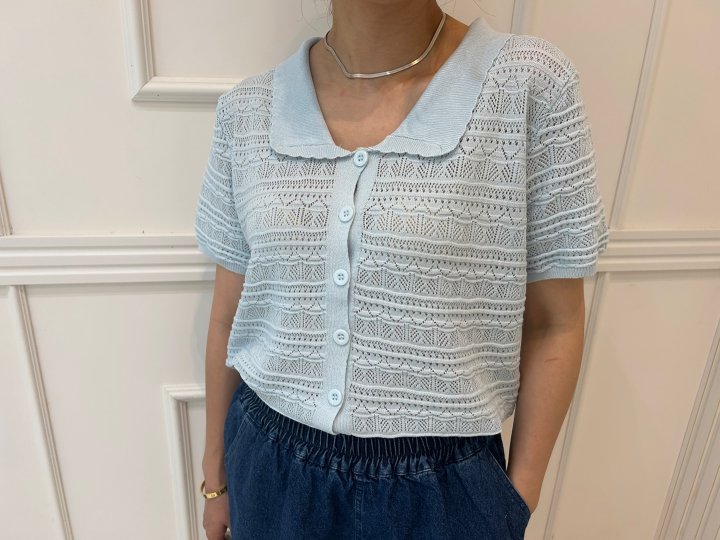 Pearls room - Korean Women Fashion - #momslook - Wave Lace Short Sleeve Knit - 4