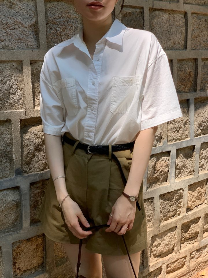 Pomelo - Korean Women Fashion - #momslook - Short Sleeve Washed Shirt (Ivory) - 7