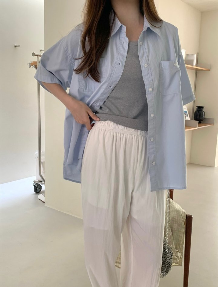 Pomelo - Korean Women Fashion - #momslook - Short Sleeve Washed Shirt (Sky Blue) - 10