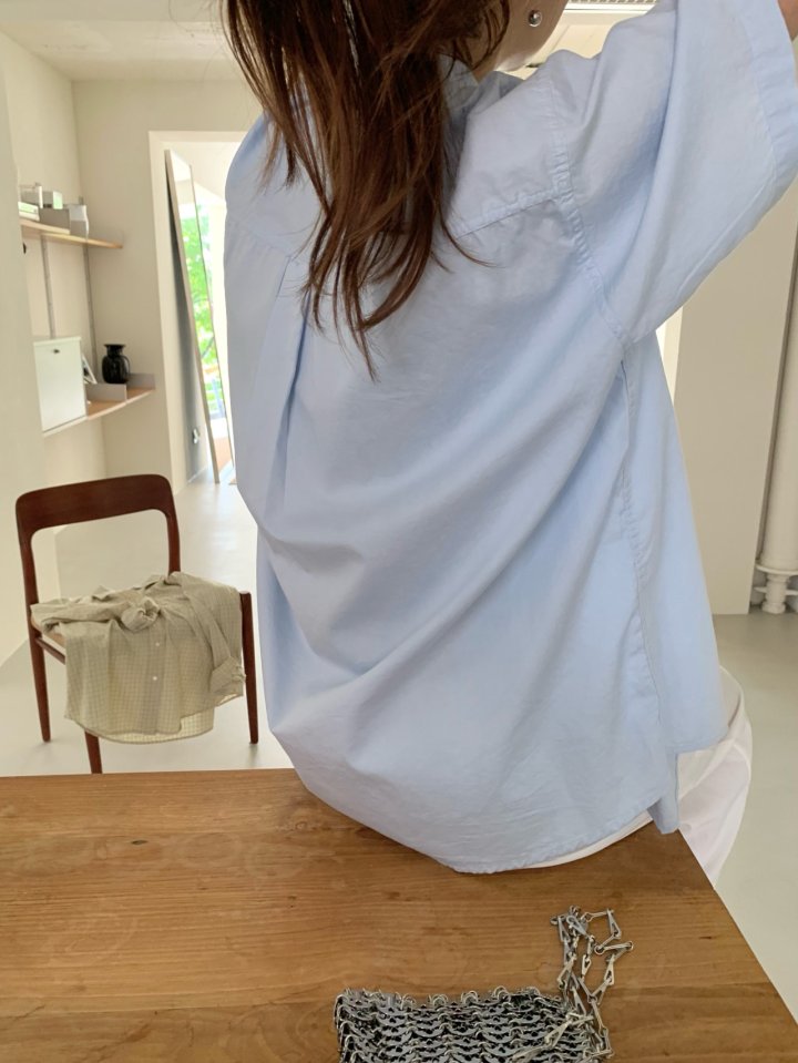 Pomelo - Korean Women Fashion - #momslook - Short Sleeve Washed Shirt (Sky Blue) - 12