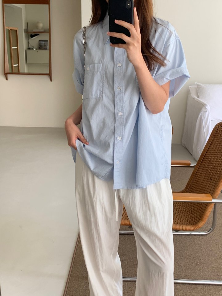Pomelo - Korean Women Fashion - #thelittlethings - Short Sleeve Washed Shirt (Sky Blue) - 4