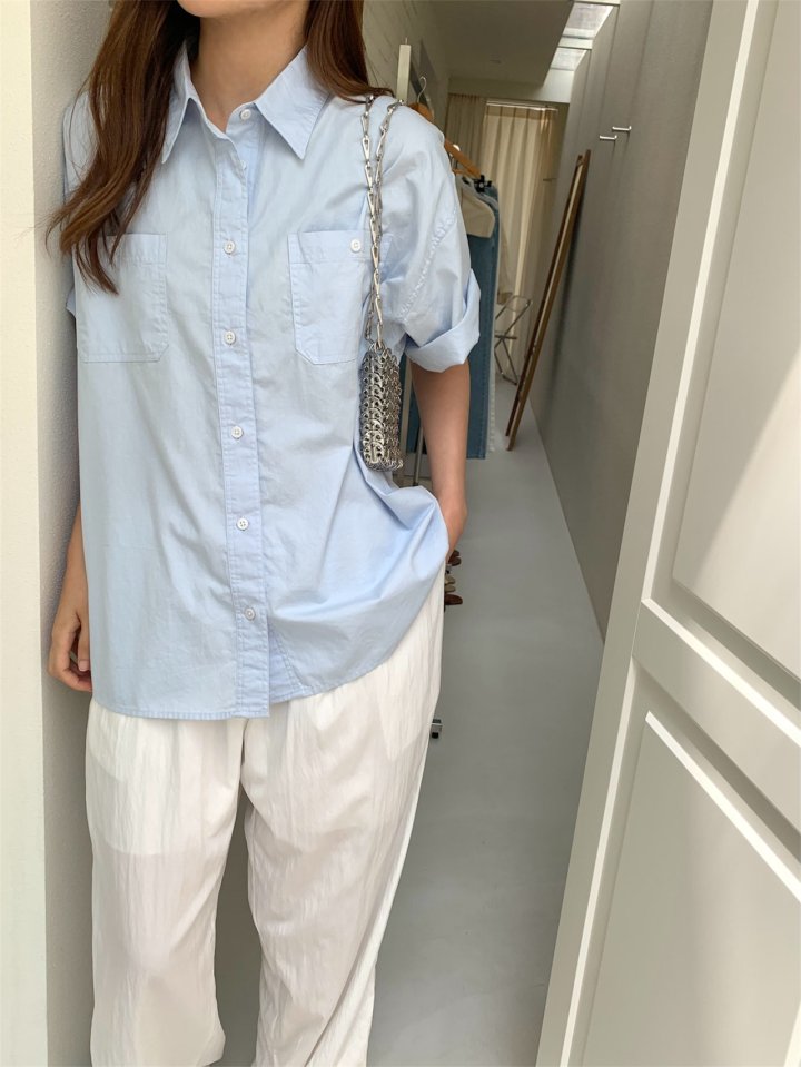 Pomelo - Korean Women Fashion - #momslook - Short Sleeve Washed Shirt (Sky Blue) - 6