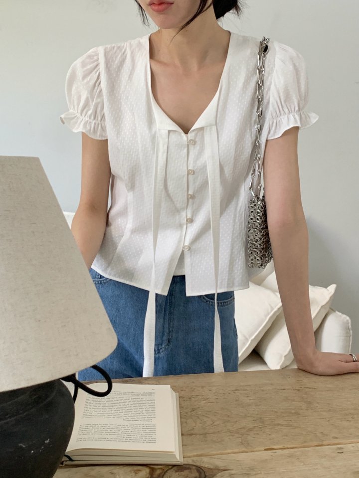 Pomelo - Korean Women Fashion - #momslook - Dot Tie Blouse - 2