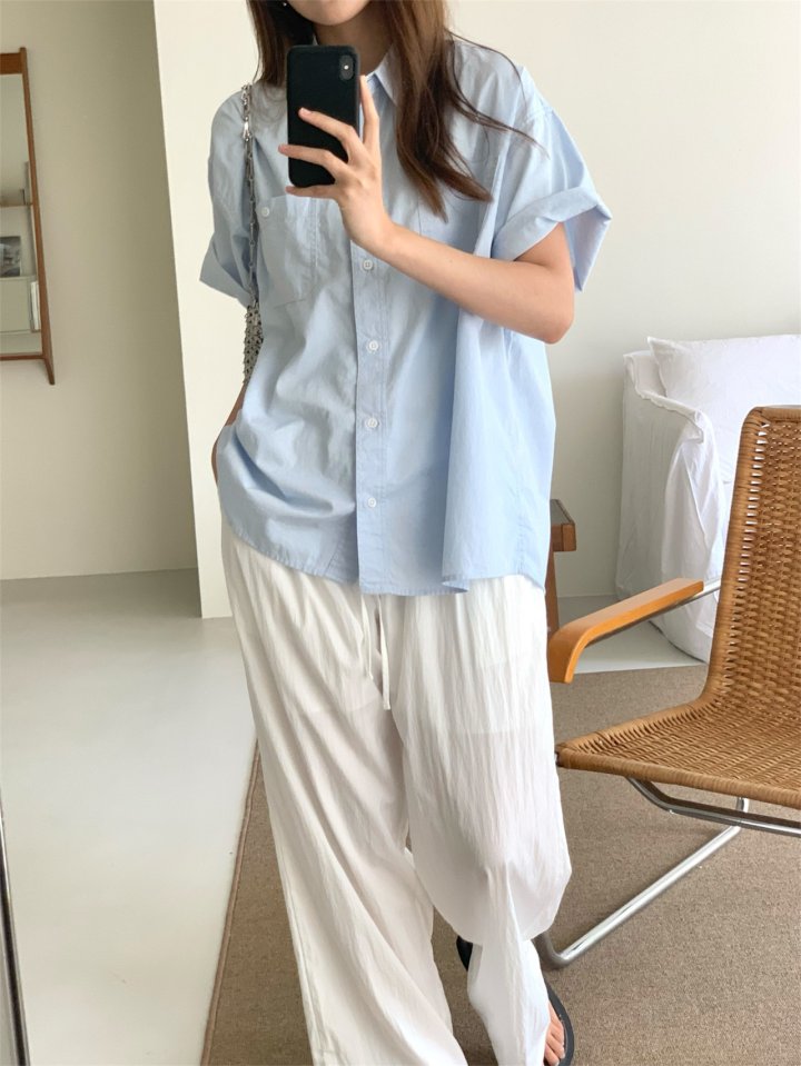 Pomelo - Korean Women Fashion - #thatsdarling - Short Sleeve Washed Shirt (Sky Blue) - 2