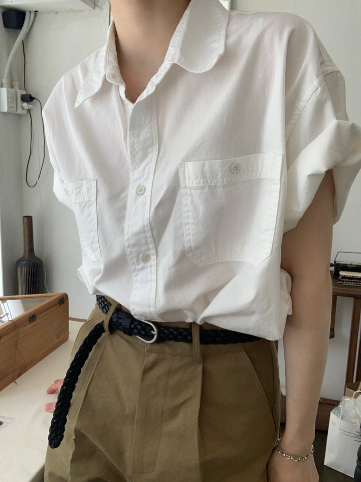 Pomelo - Korean Women Fashion - #thatsdarling - Short Sleeve Washed Shirt (Ivory) - 4