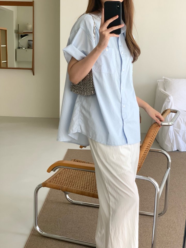 Pomelo - Korean Women Fashion - #thelittlethings - Short Sleeve Washed Shirt (Sky Blue) - 3