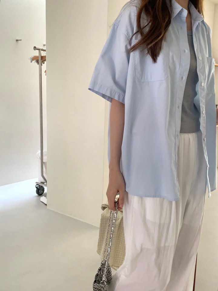 Pomelo - Korean Women Fashion - #womensfashion - Short Sleeve Washed Shirt (Sky Blue) - 11