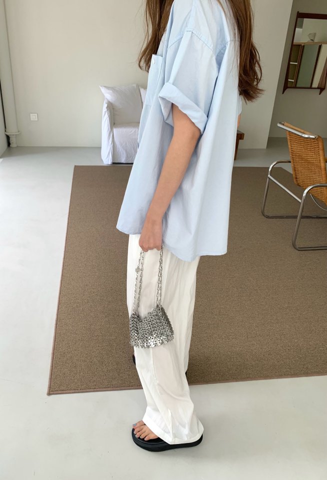 Pomelo - Korean Women Fashion - #womensfashion - Short Sleeve Washed Shirt (Sky Blue) - 5