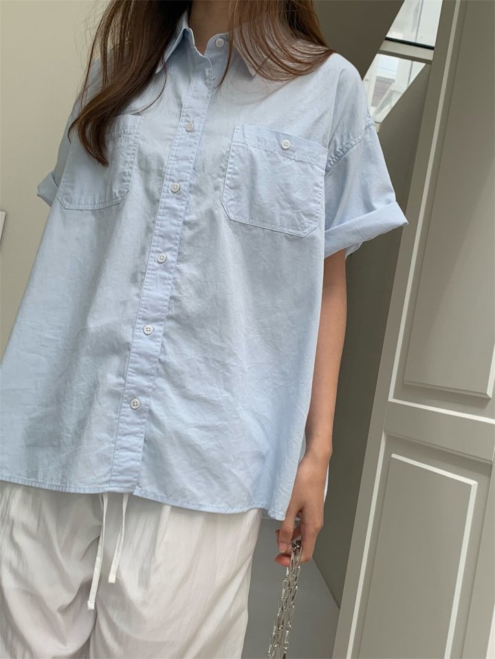Pomelo - Korean Women Fashion - #womensfashion - Short Sleeve Washed Shirt (Sky Blue) - 7