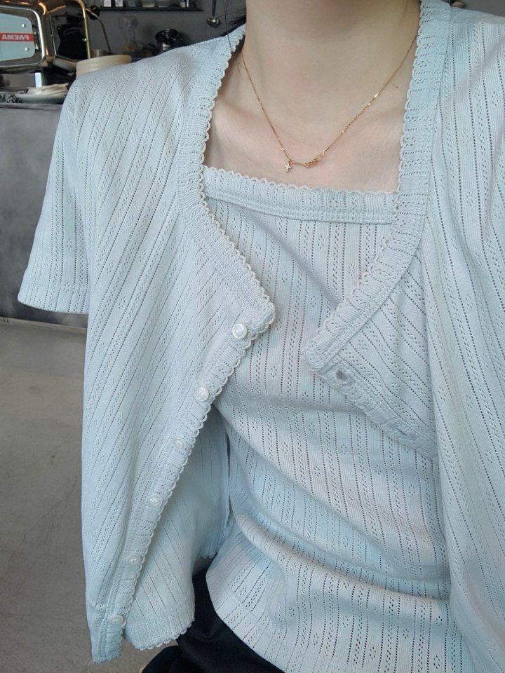 Pomelo - Korean Women Fashion - #womensfashion - Eyelet Set (Cardigan+Sleeveless) - 8