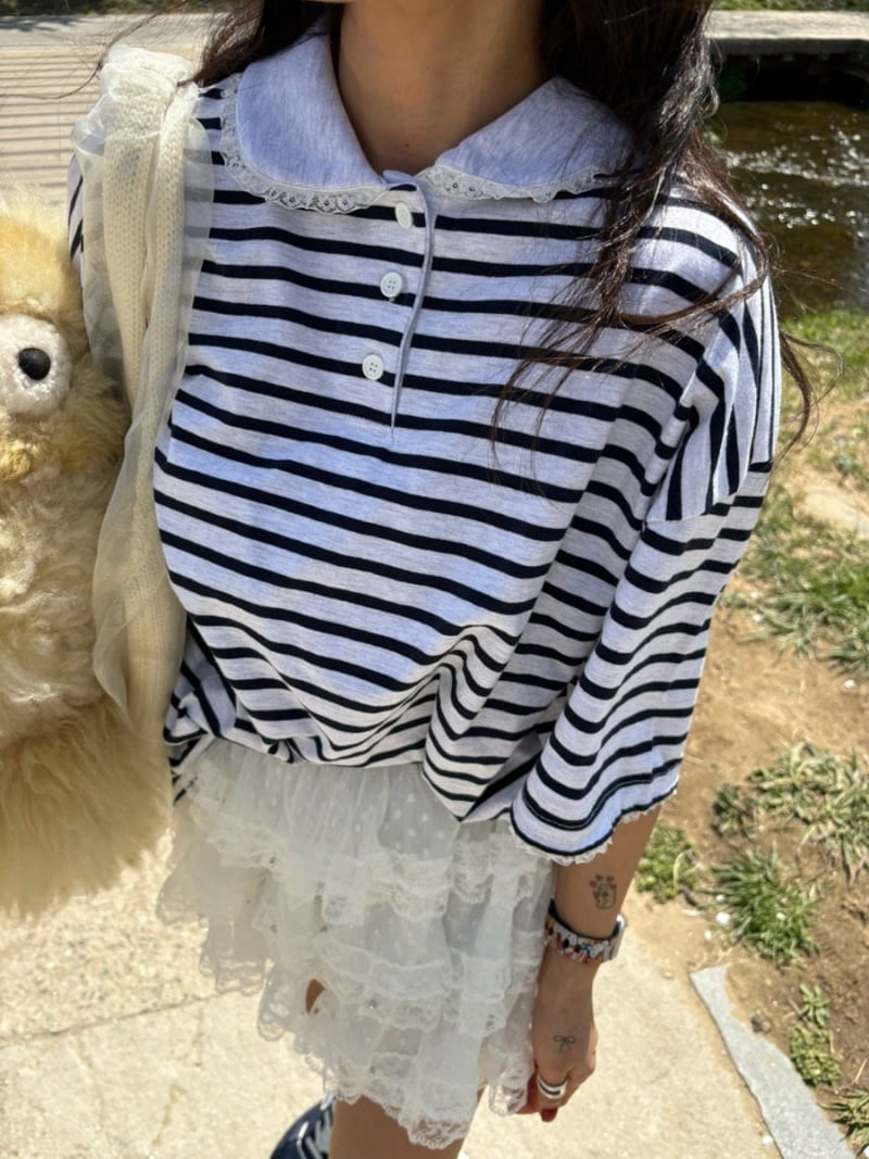 Toll - Korean Women Fashion - #restrostyle - Lace Collar Tee - 2