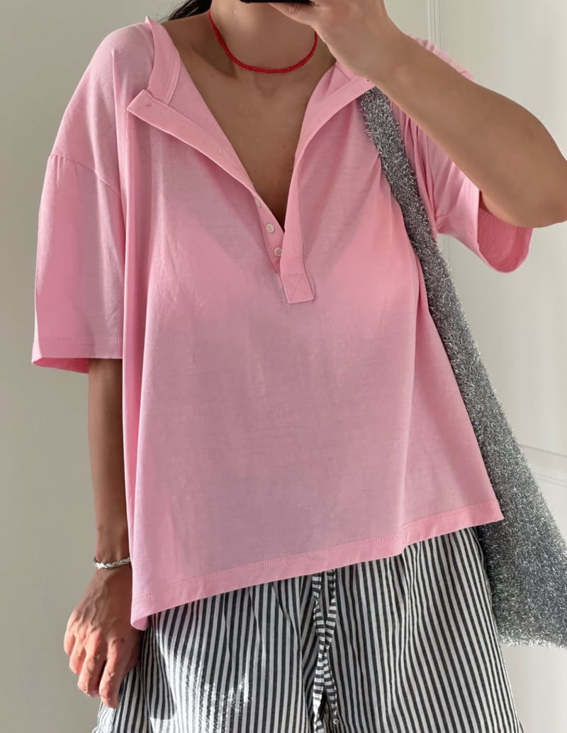 Via - Korean Women Fashion - #womensfashion - Button Loose Fit Tee - 9
