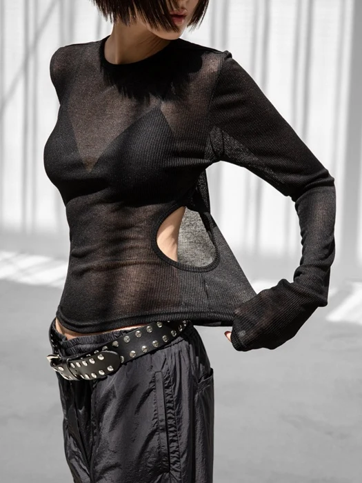 Sheer Ribbed Knit Texture Side Cut-Out Top