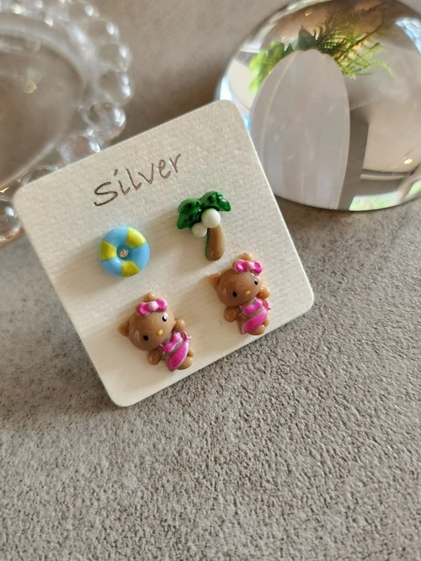 92.5 Silver Kitty Earring Set (set of 4)