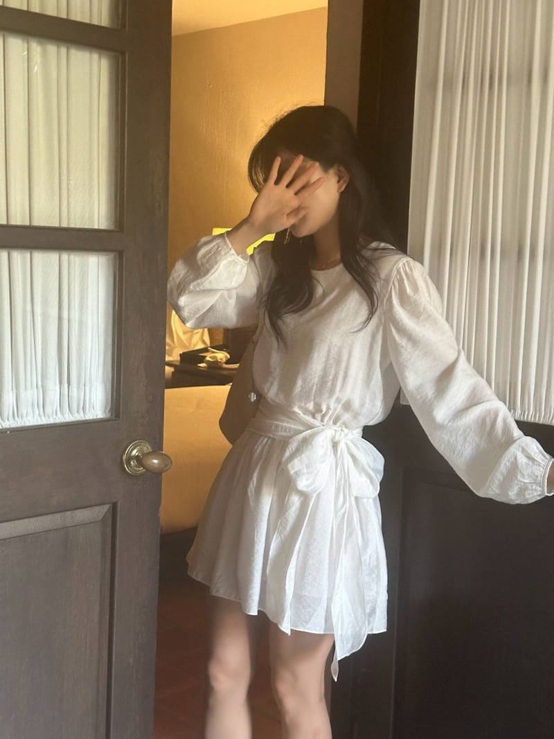 Afarrier - Korean Women Fashion - #momslook - Shirring Belt Tie One-piece - 10