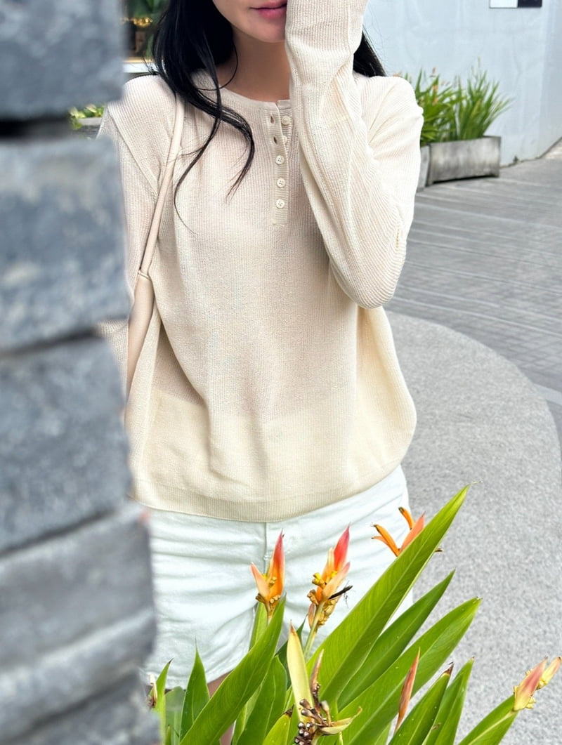 Afarrier - Korean Women Fashion - #momslook - Henley Neck Knit - 4