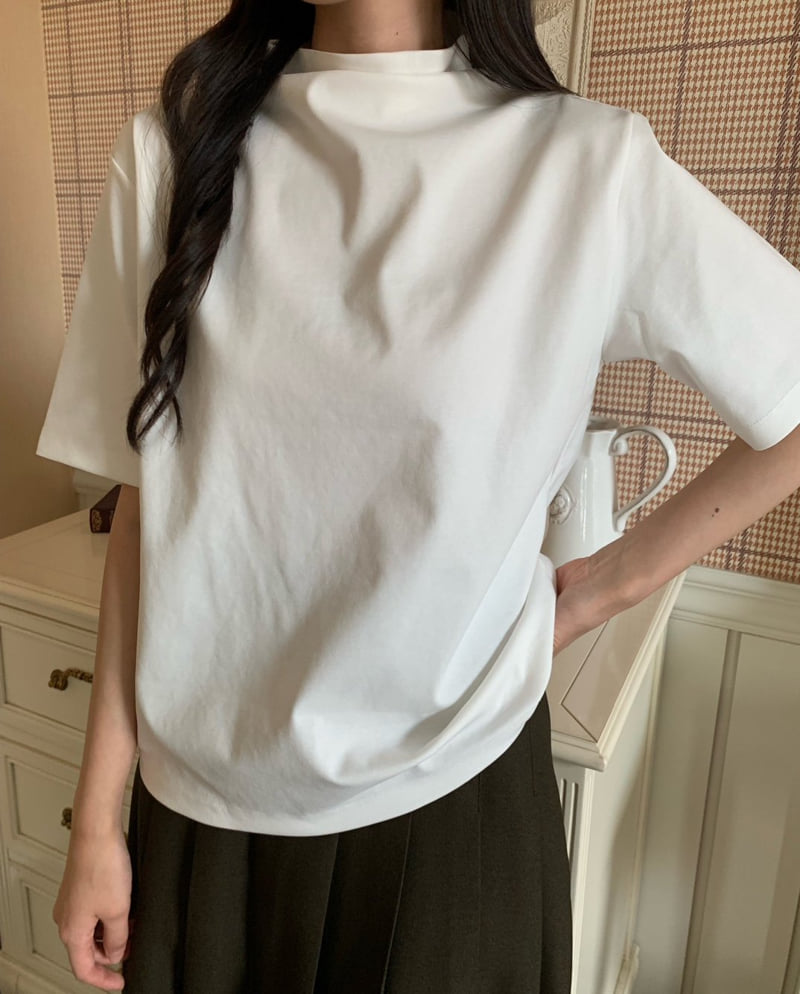 Allu - Korean Women Fashion - #womensfashion - Mock Neck Short Sleeve Tee - 12