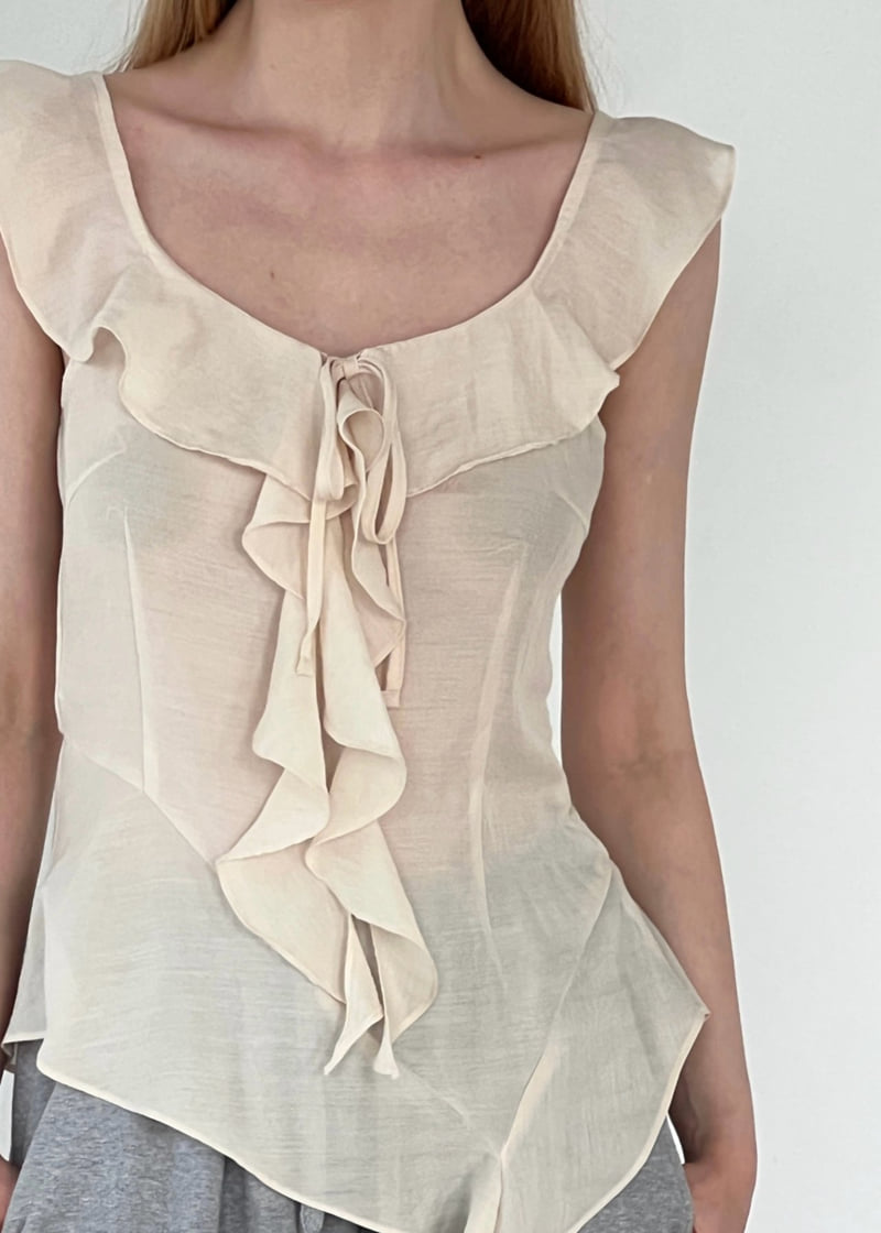 Another Avenue - Korean Women Fashion - #momslook - Frill Asymmetrical Sleeveless Blouse - 11